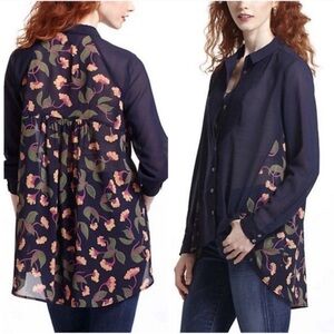 Anthropologie Maeve Ira Blue & Floral Pintuck Sheer High Low Button Blouse